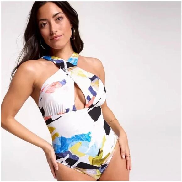 CALIA by Carrie Underwood Other - Calia NWT cutout halter one piece swim collage pure white abstract size 12